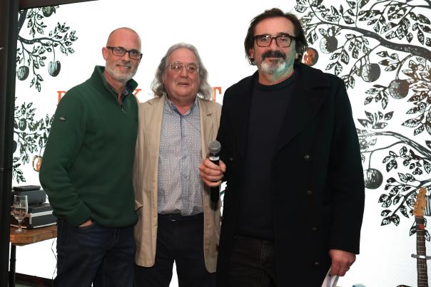 Julian Dunkerton, Bean Benson, Robert West at Dunkertons Park celebrating Black Fox winning world gold award