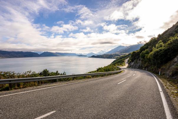 Iconic Queenstown Glenorchy Road with lake and mountain views