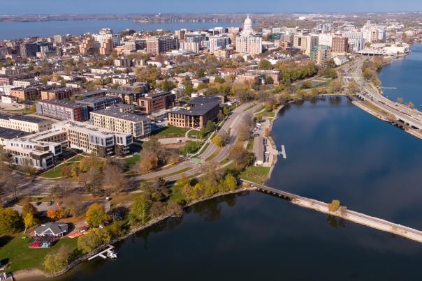 An aerial view of downtown Madison and the isthmus