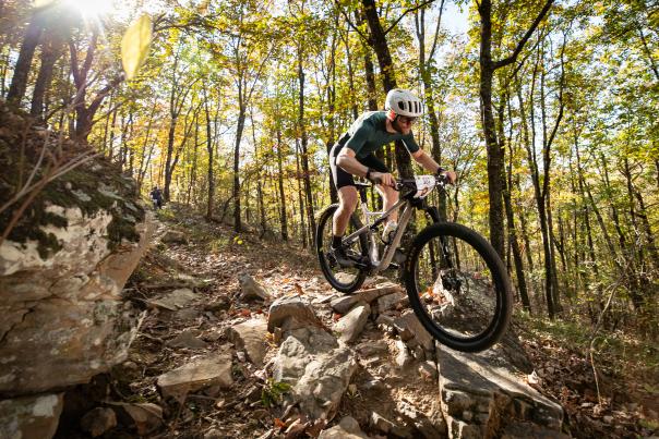 A biker speeds along the trail at Oak Mountain State Park at the Oak Ass Endurance Race.