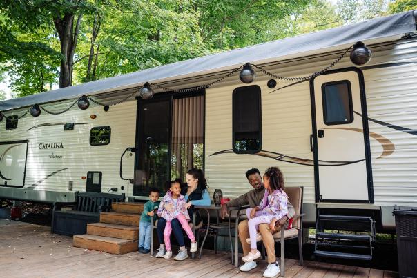A family enjoys an RV camping escape to the Pocono Mountains.