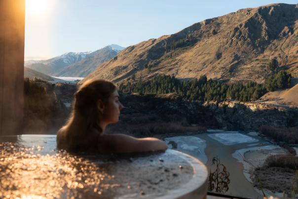 Taking in the views from Onsen Hot Pools on a bluebird autumn day
