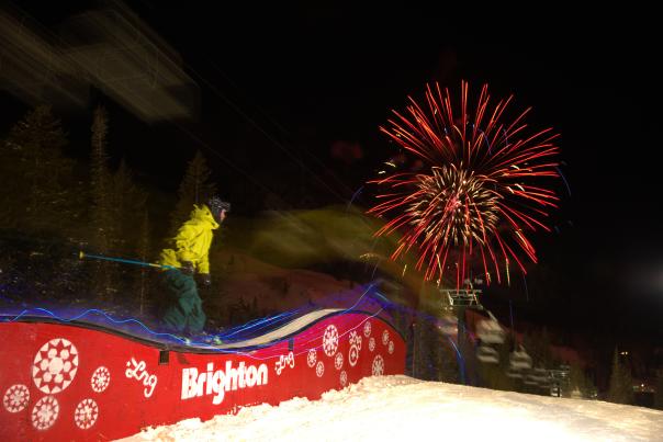 Night skiing at Brighton with fireworks