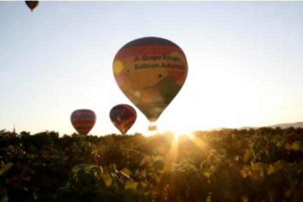 Hot air ballons fly overhead at sunset