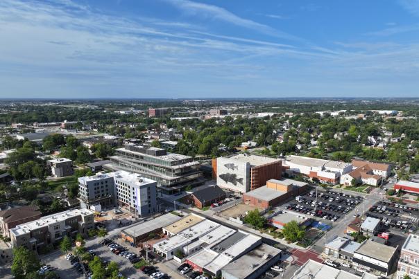 Aerial view of Downtown Bentonville looking southwest