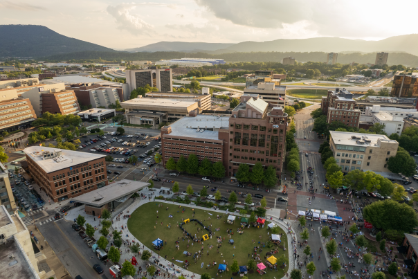 aerial view of event at Miller Park in heart of downtown Chattanooga