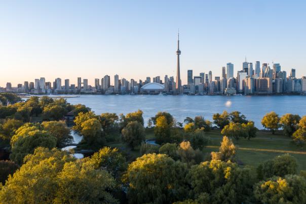 Aerial view of the Toronto skyline from above the Islands in summer.