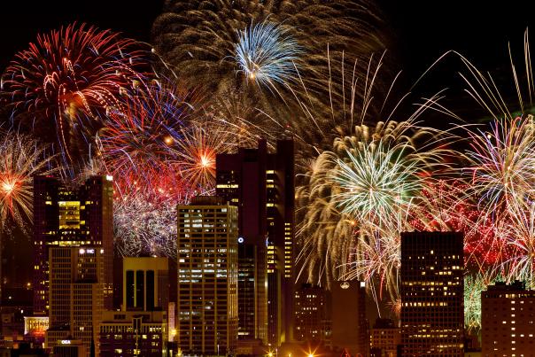 Fireworks over Columbus skyline in night sky at Red, White & BOOM!
