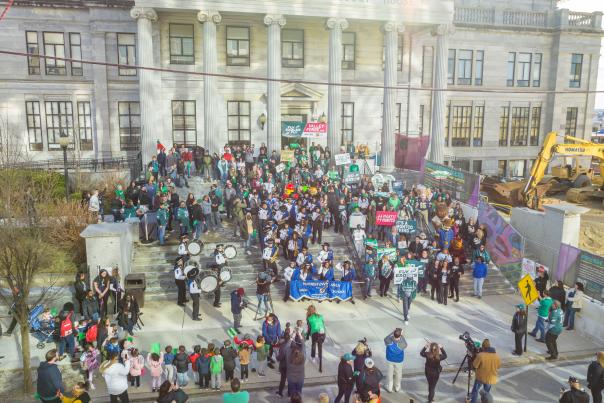 Eagles fans gather on the steps of the Montgomery County Courthouse in Norristown for the Super Bowl pep rally