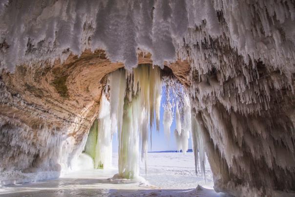 View from inside a cave in the winter from Grand Island, located in Michigan's Upper Peninsula