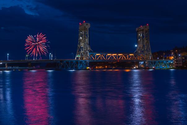 Fireworks over the Portage Canal, located in Michigan's Upper Peninsula, USA