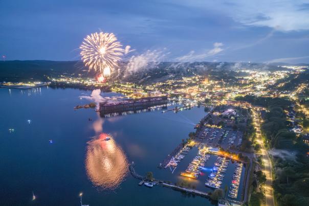 An aerial view of the spectacular fireworks and laser show on Lake Superior for fourth of July in Marquette, MI