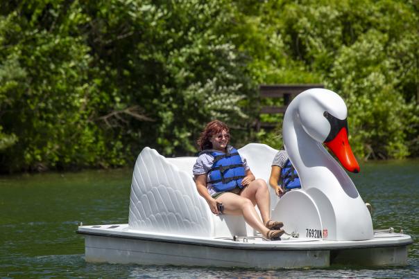 Two people in a swan pedal boat