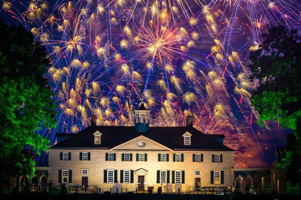The West Front of Mount Vernon With Many Fireworks in the Background.
