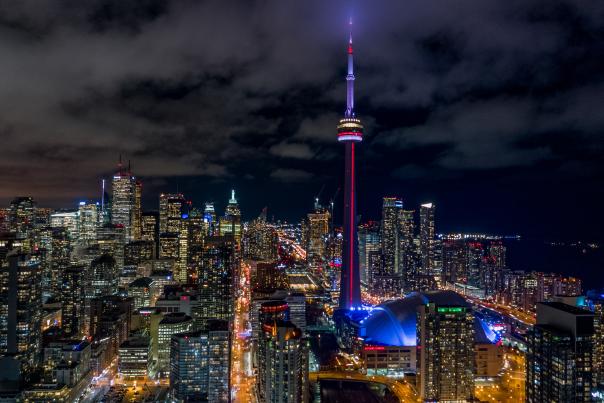 Toronto's skyline at night in winter