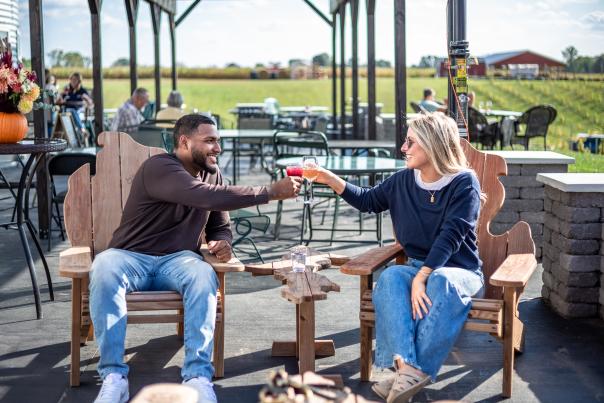 Couple relaxing in lounge chairs and toasting glasses of wine at Burgdorf's Winery inside Choice Farm Market in Webberville, Michigan.