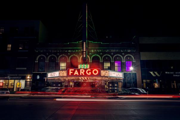 nighttime shot of the Fargo Theatre lit up