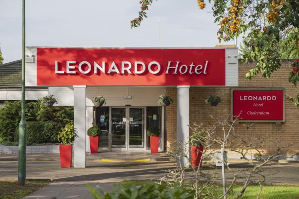 Image shows the exterior and entrance to Leonardo Hotel Cheltenham