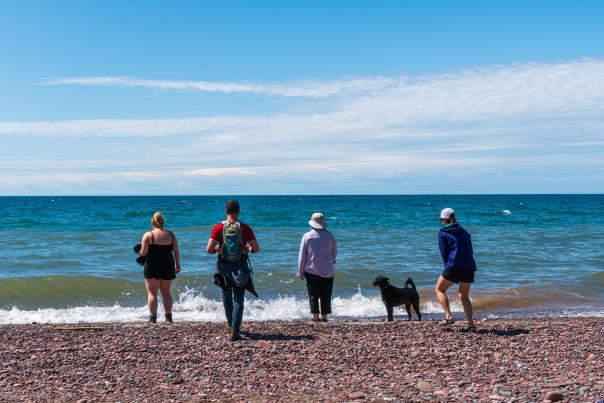 Four hikers and dog look out at Lake Superior on a rocky beach.