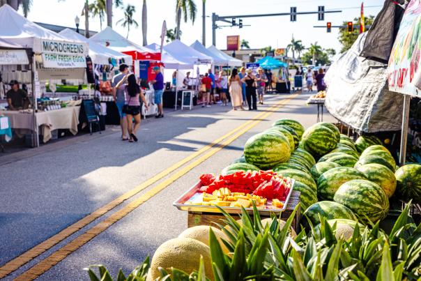Downtown Punta Gorda Farmer's Market on a bright August Day.