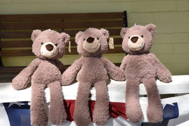 Three Teddy Bears on a post