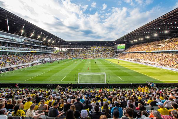Packed stadium at Lower.com Field during a Columbus Crew game