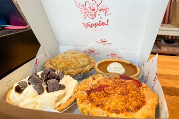 Box of four pies from Upper Crust Bakery in Overland Park: Cherry, chocolate ribbon, pumpkin and apple
