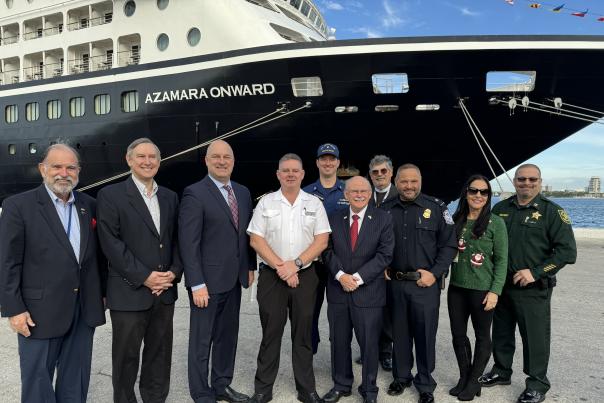 Port Everglades officially welcomed, last December 12th, Azamara Cruises for the first time and Azamara Onward to its new South Florida winter homeport during a traditional dockside plaque-and-key ceremony  (Image at LateCruiseNews.com - December 2023)