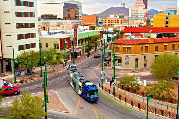 Blue Sun Link streetcar operating through downtown Tucson