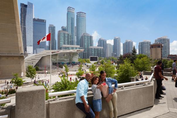 A family outside Rogers Centre