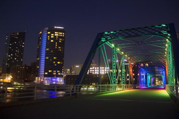 View of the Rainbow Bridge and Downtown Grand Rapids at night