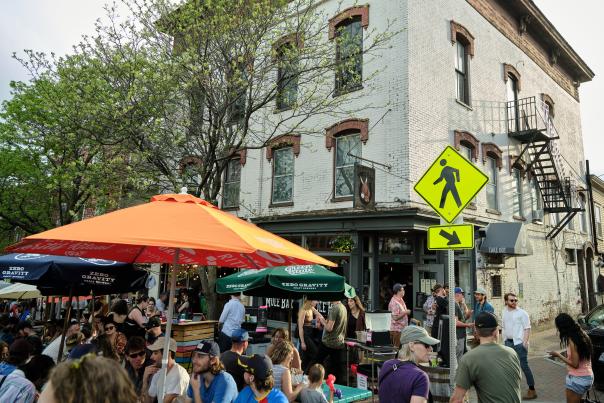 Crowded corner in downtown Winooski in the summer