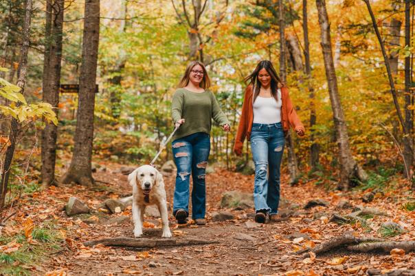 Fall Walk - Two Girls and a Dog on a Fall Foliage Filled Trail