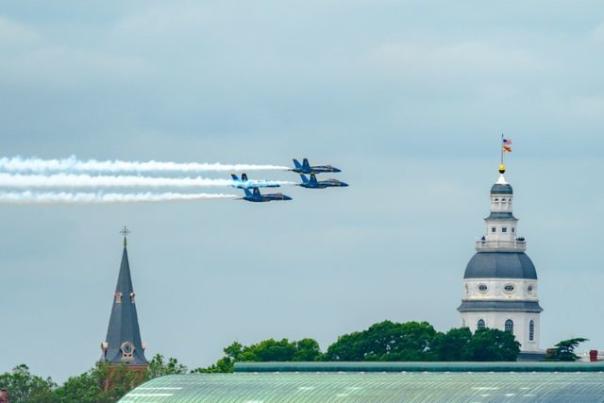 Blue Angels zoom over the Naval Academy in Annapolis