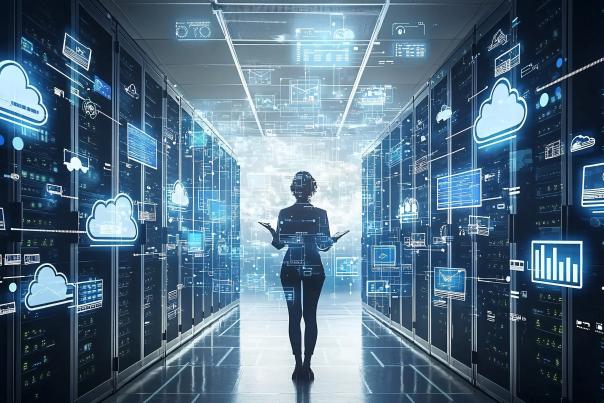 A person walking down a hallway with icons representing a digital ecosystem floating around them.