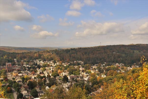 A fall view of the town of Honesdale, PA from the top of Irving Cliff.