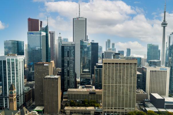 Aerial view of Toronto's skyline including the financial district, Hilton Hotel, Sheraton Centre and CN Tower