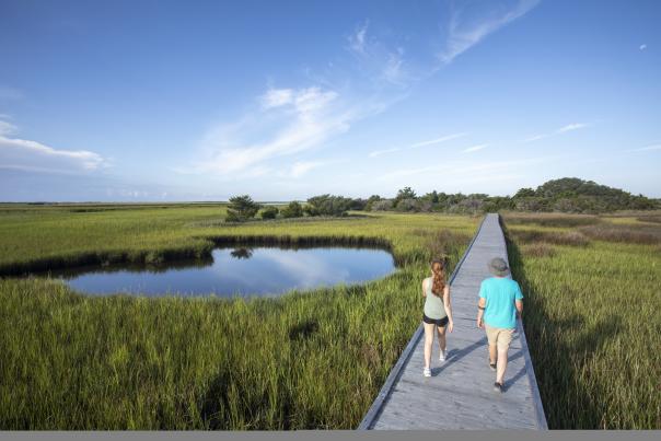 Couple walking on Basin Trail at Fort Fisher State Recreation Area