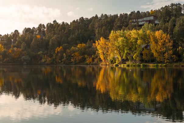 Canyon Lake reflecting autumn trees with vibrant orange and yellow leaves. Dense pine forest in the background under a soft, cloudy sky. Peaceful atmosphere.