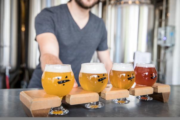 The beer flight craft beer selection at Bandit Brewery, in Toronto's Roncesvalles neighbourhood