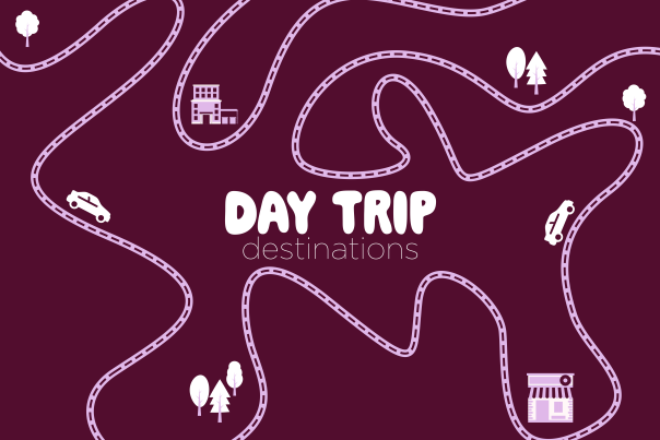 Graphic with cars, a windy road, trees, and the words Day Trip Destinations
