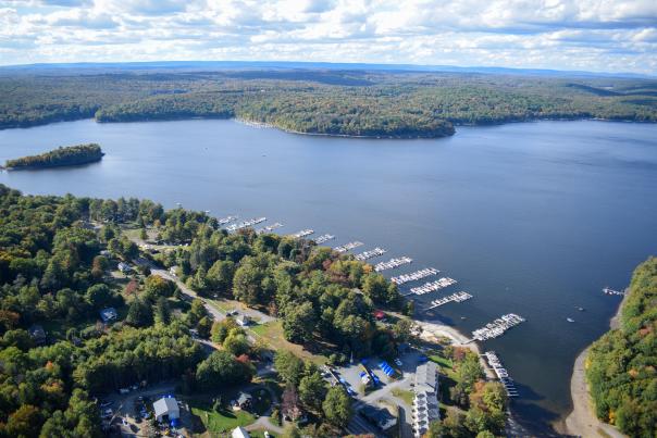 A scenic aerial look at beautiful Lake Wallenpaupack in the Poconos.