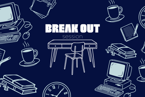 Graphic with outlined images (books, coffee cup, computer, notebook, pencil)