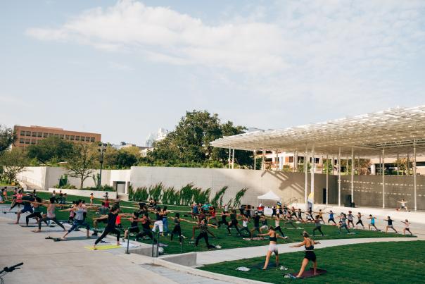 Yoga at Moody Amphitheater. Credit Waterloo Greenway Conservancy