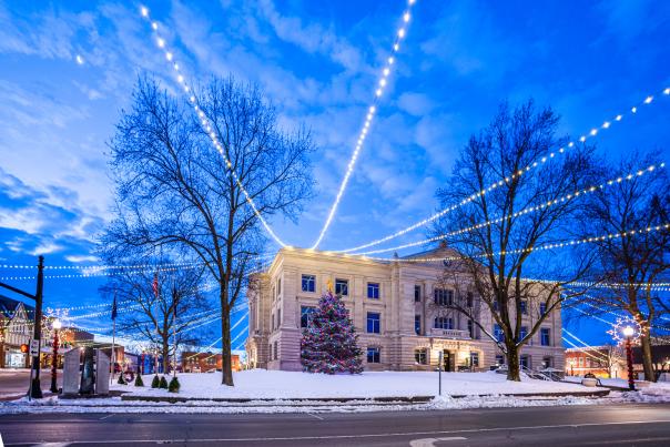 Hendricks County Courthouse Square holiday lights Christmas snow winter