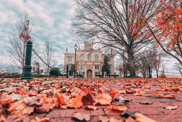 Exterior view of Milledgeville GA's Old State Capitol Building during fall
