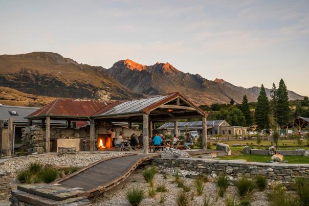 The Headwaters Eco Lodge outside shot at sunset