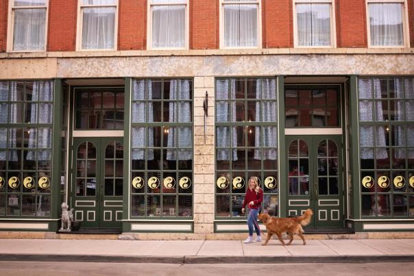 Person walking red dog on Main Street, Galena.