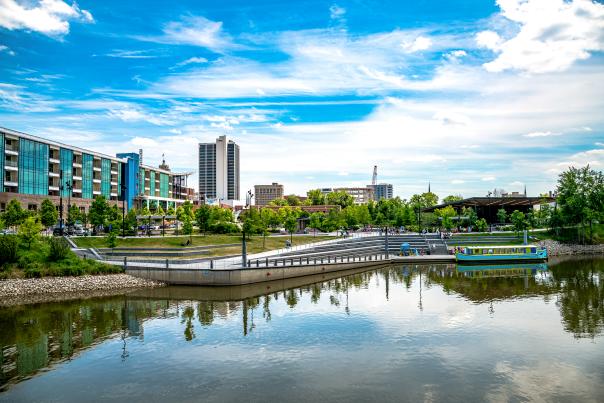 riverfront park with downtown skyline in the background