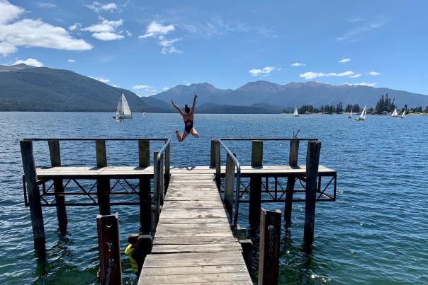 Jumping into Lake Te Anau from the wharf